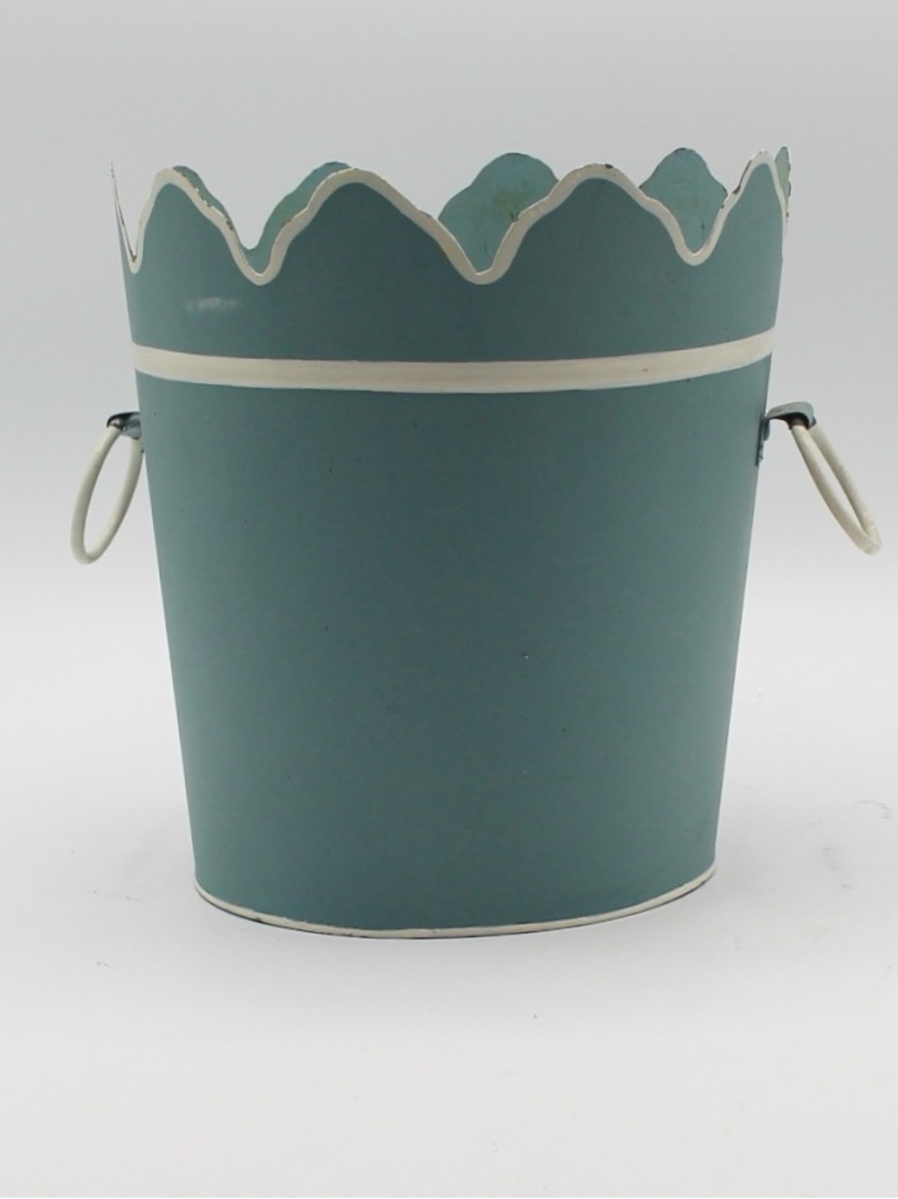 Vintage Robin's Egg Blue and White Metal Bucket, Planter Toleware